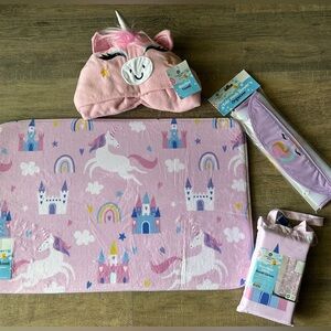 Little Girl’s Unicorn Shower Curtain,Bathmat,Mesh Shower Organizer &Hooded Towel